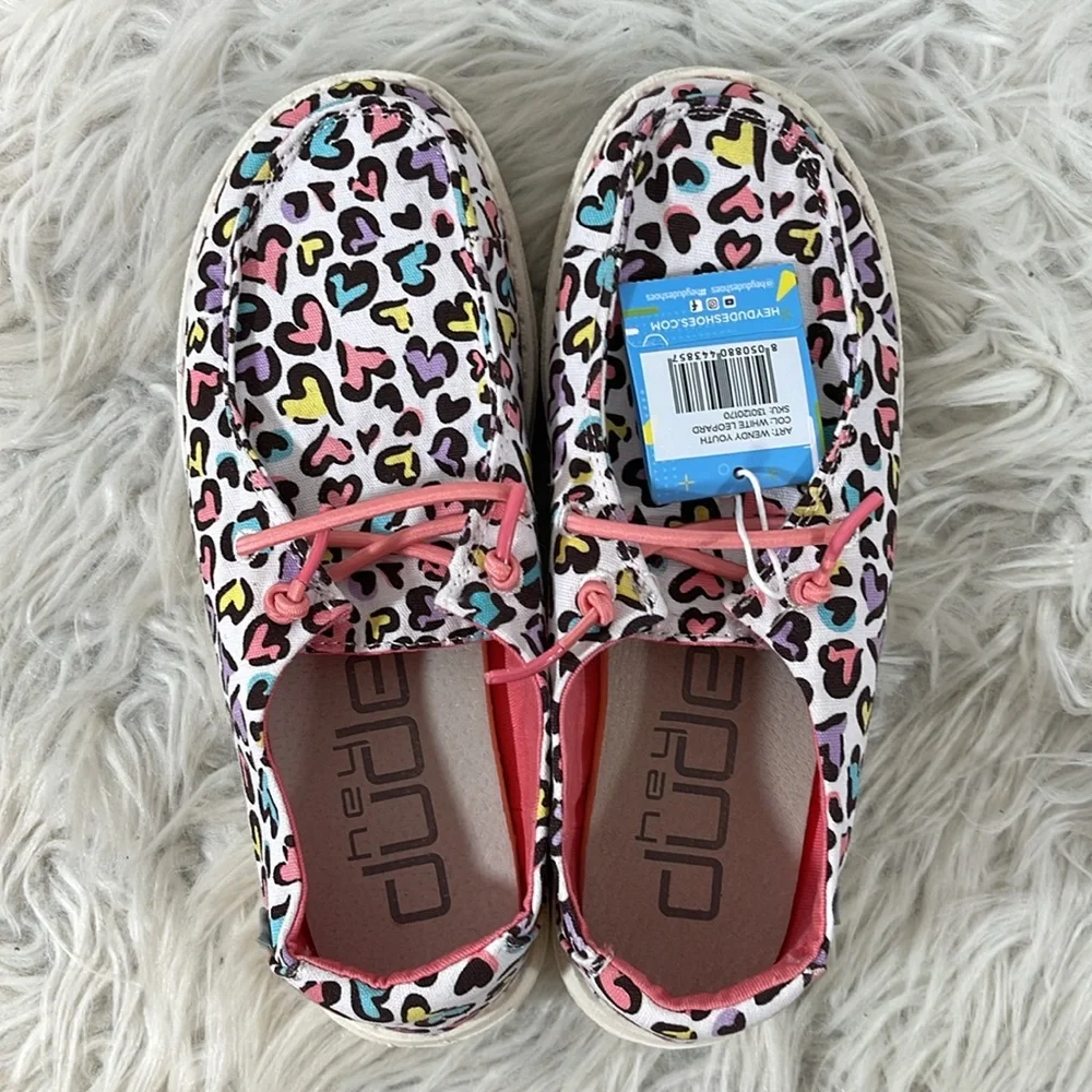 Hey Dude Colorful Hearts Girl’s Wendy Toddler Slip On – White Leopard Size 4 NEW - Picture 6 of 14